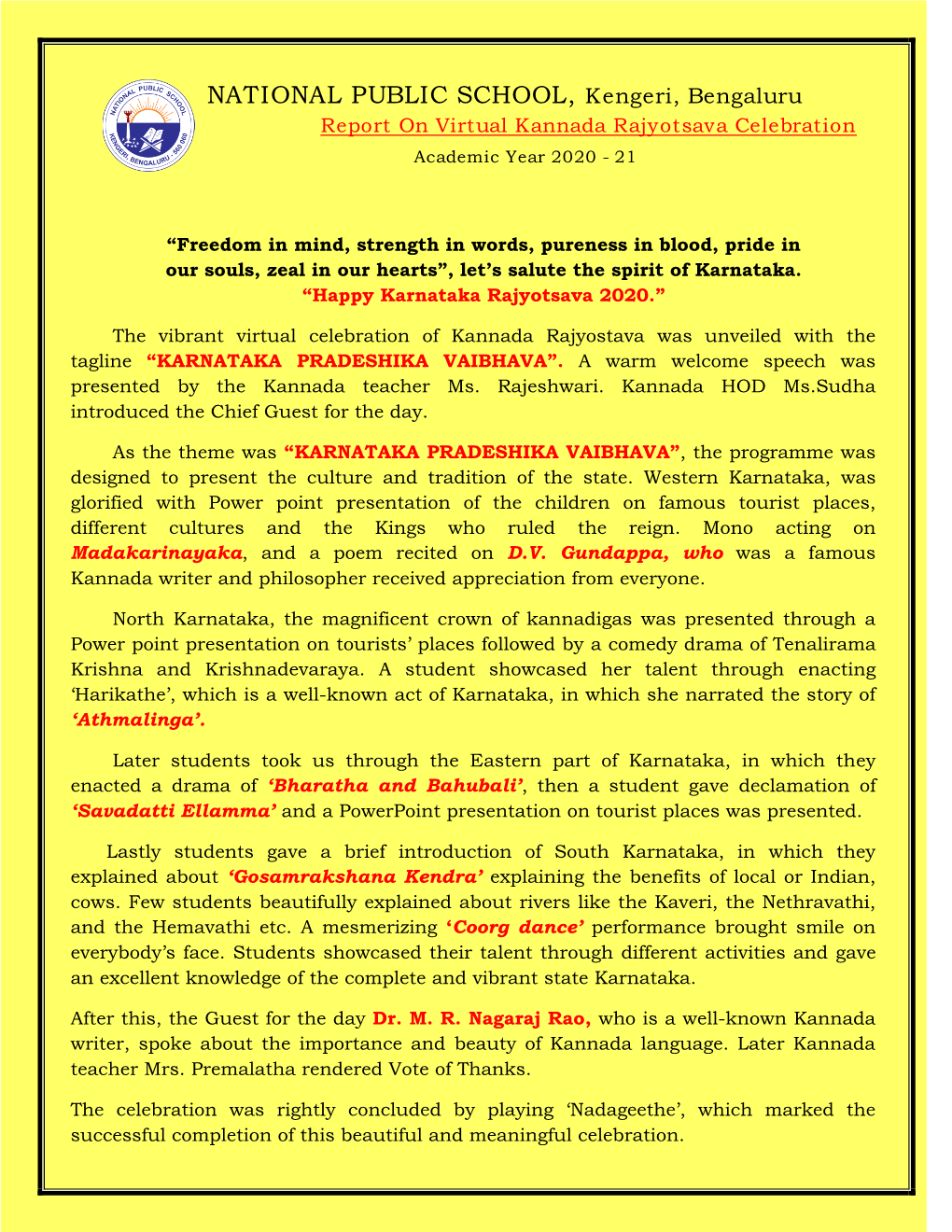 Report on Kannada Rajyothsava for Grade