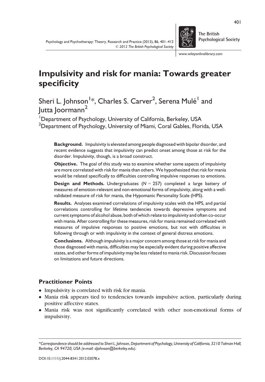 Impulsivity and Risk for Mania: Towards Greater Specificity