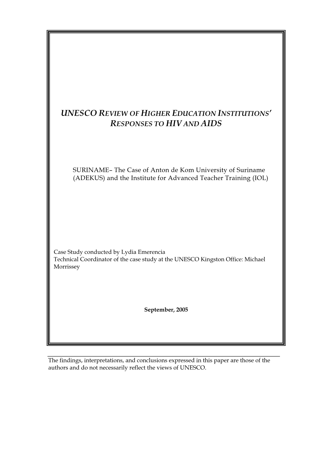 UNESCO Review of Higher Education Institutions' Responses to HIV And