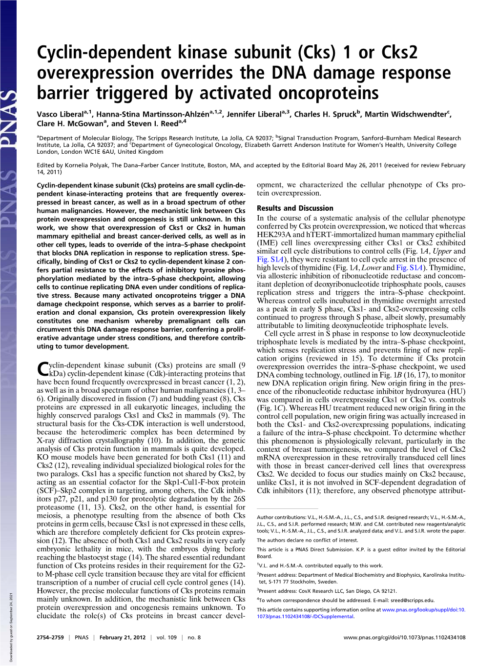 Cyclin-Dependent Kinase Subunit (Cks) 1 Or Cks2 Overexpression Overrides the DNA Damage Response Barrier Triggered by Activated Oncoproteins