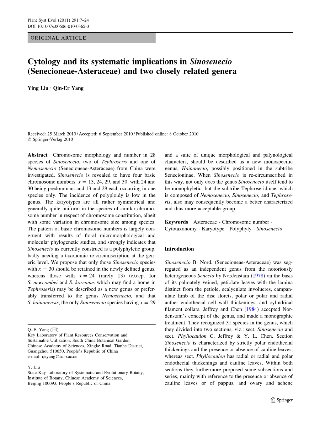 Cytology and Its Systematic Implications in Sinosenecio (Senecioneae-Asteraceae) and Two Closely Related Genera