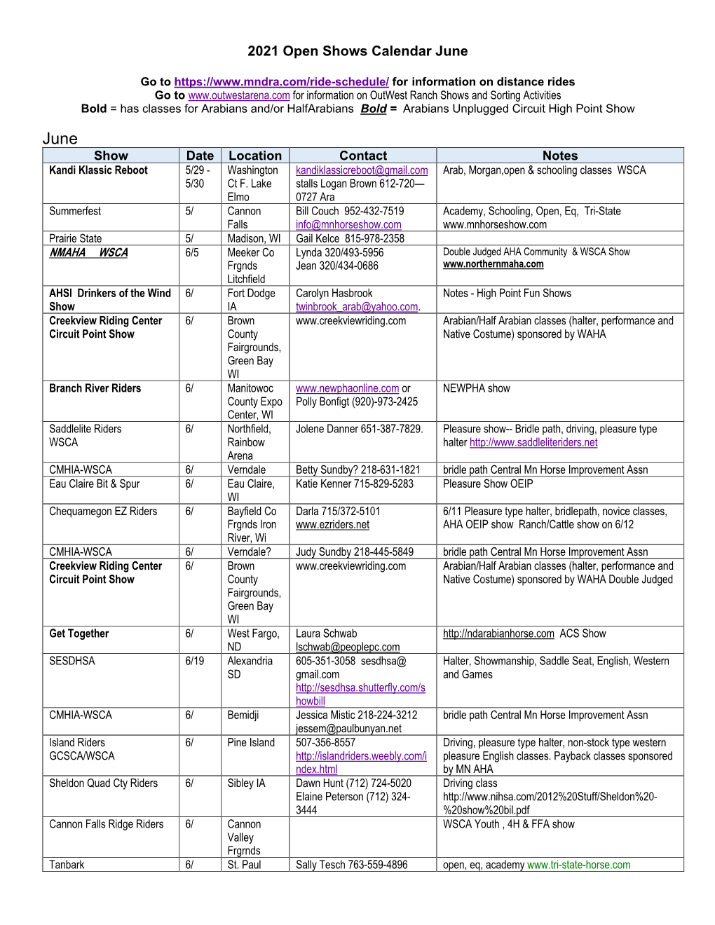 2021 Open Shows Calendar June