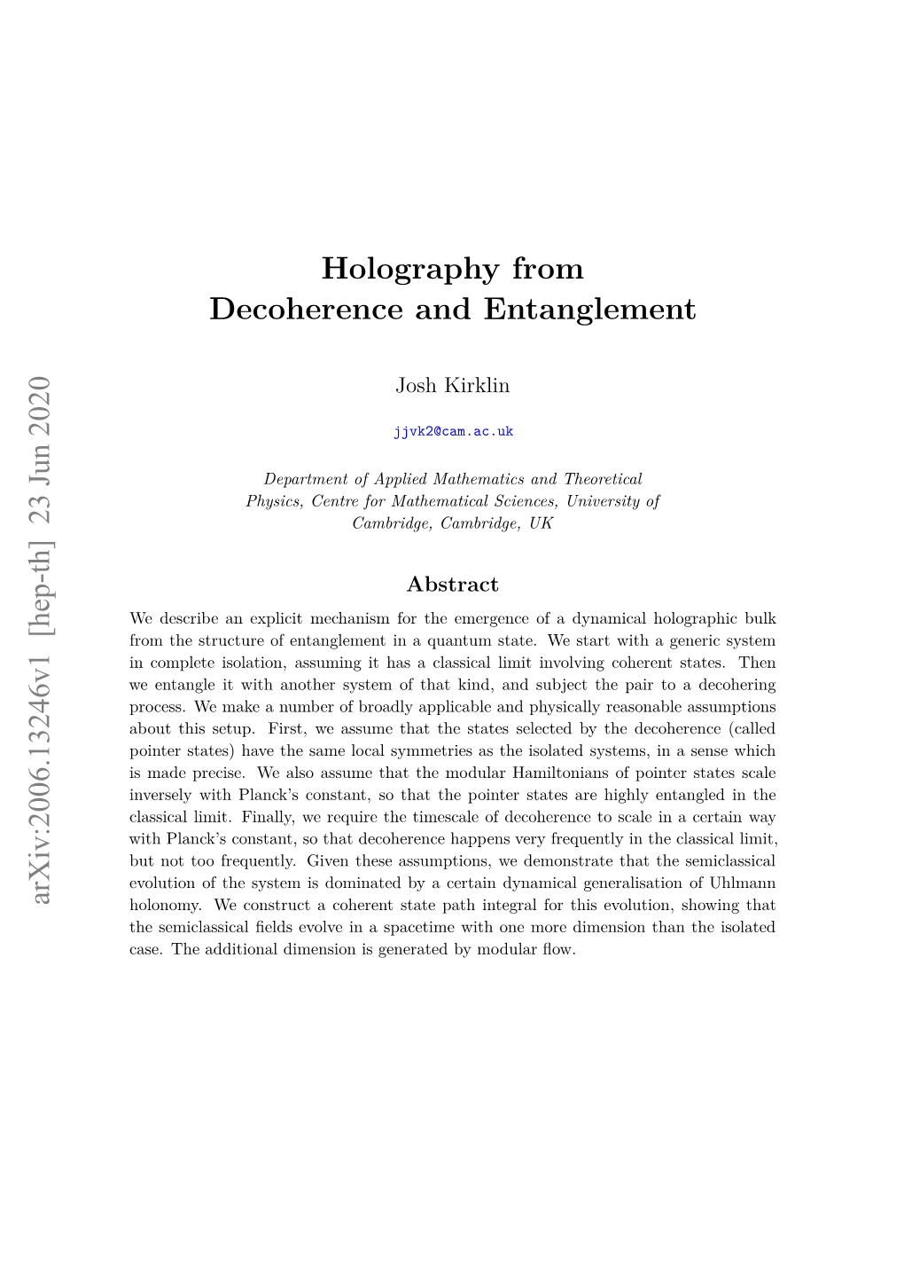 Holography from Decoherence and Entanglement