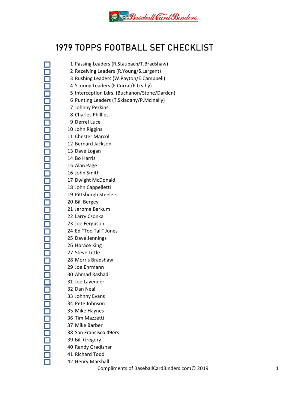 1979 Topps Football Set Checklist