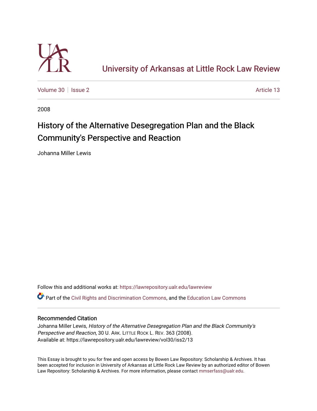 History of the Alternative Desegregation Plan and the Black Community's Perspective and Reaction