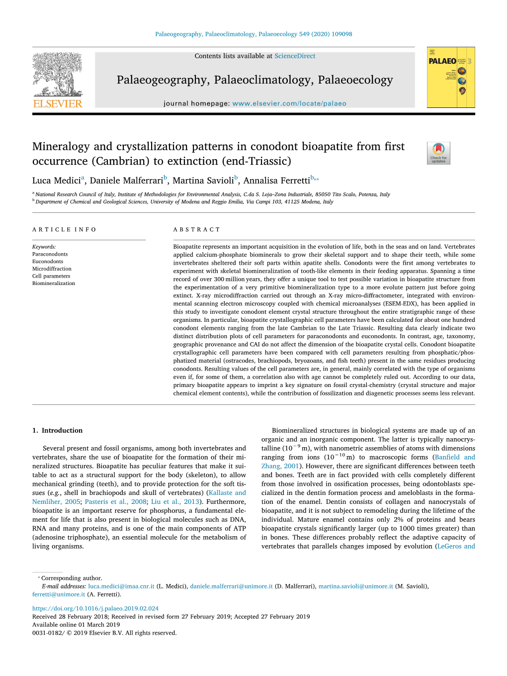 Mineralogy and Crystallization Patterns in Conodont Bioapatite from First Occurrence (Cambrian) to Extinction (End-Triassic)