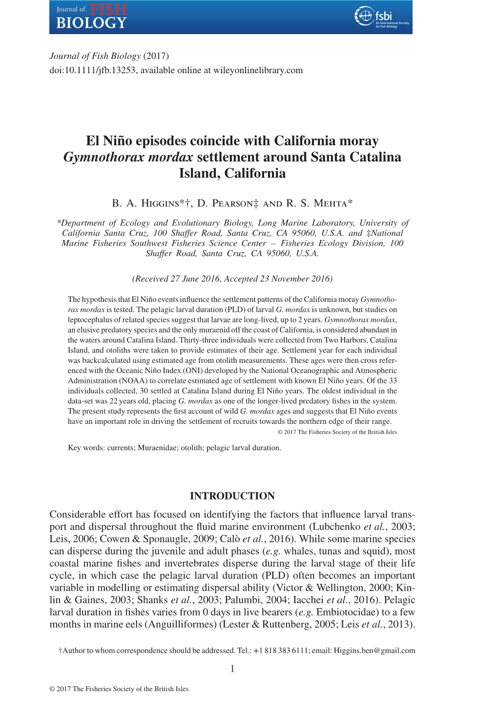 El Niño Episodes Coincide with California Moray Settlement Around