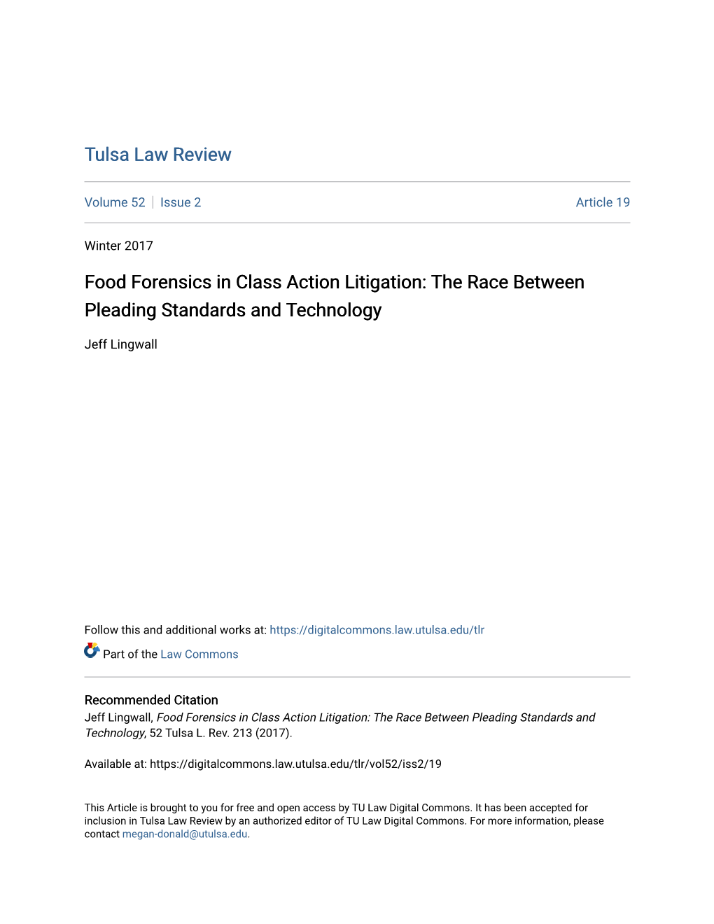Food Forensics in Class Action Litigation: the Race Between Pleading Standards and Technology