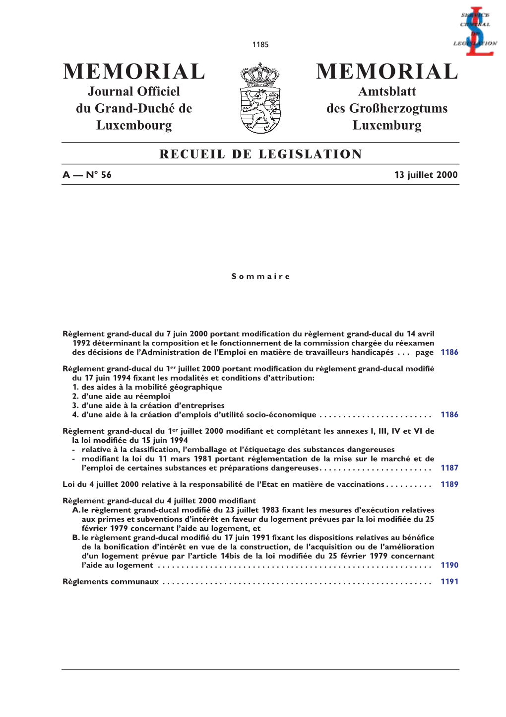 AL MEMORIAL Journal Officiel Amtsblatt Du Grand-Duché De Des Großherzogtums Luxembourg Luxemburg