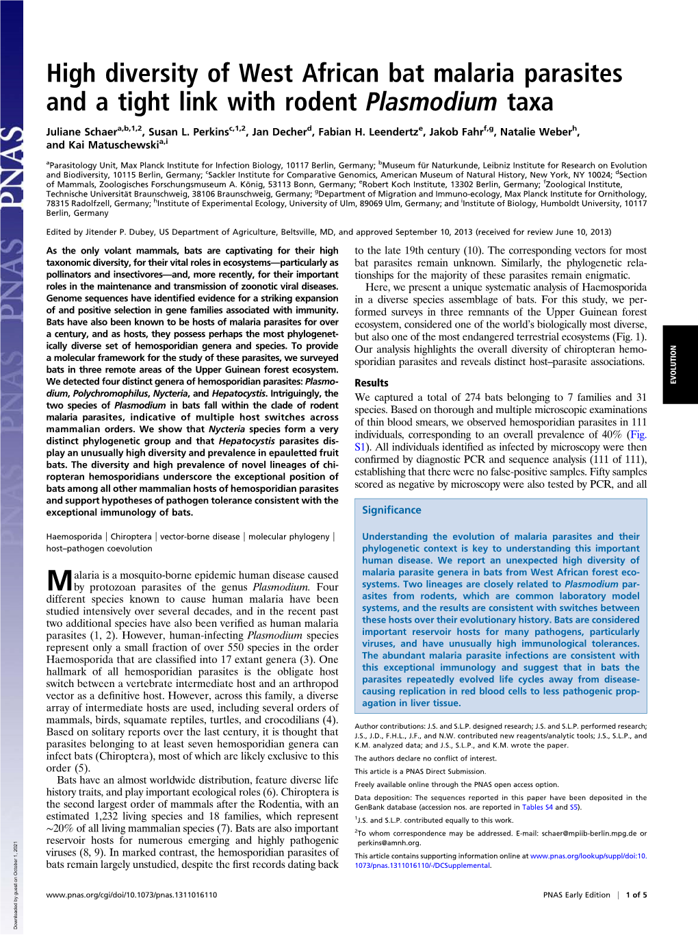 High Diversity of West African Bat Malaria Parasites and a Tight Link with Rodent Plasmodium Taxa