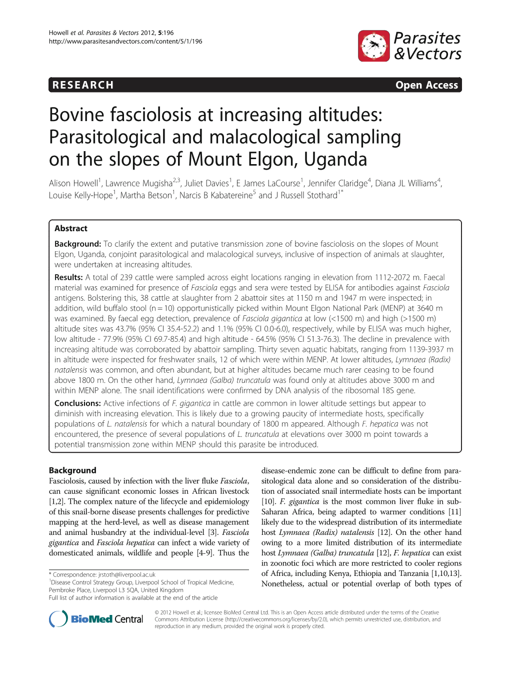 Bovine Fasciolosis at Increasing Altitudes: Parasitological And