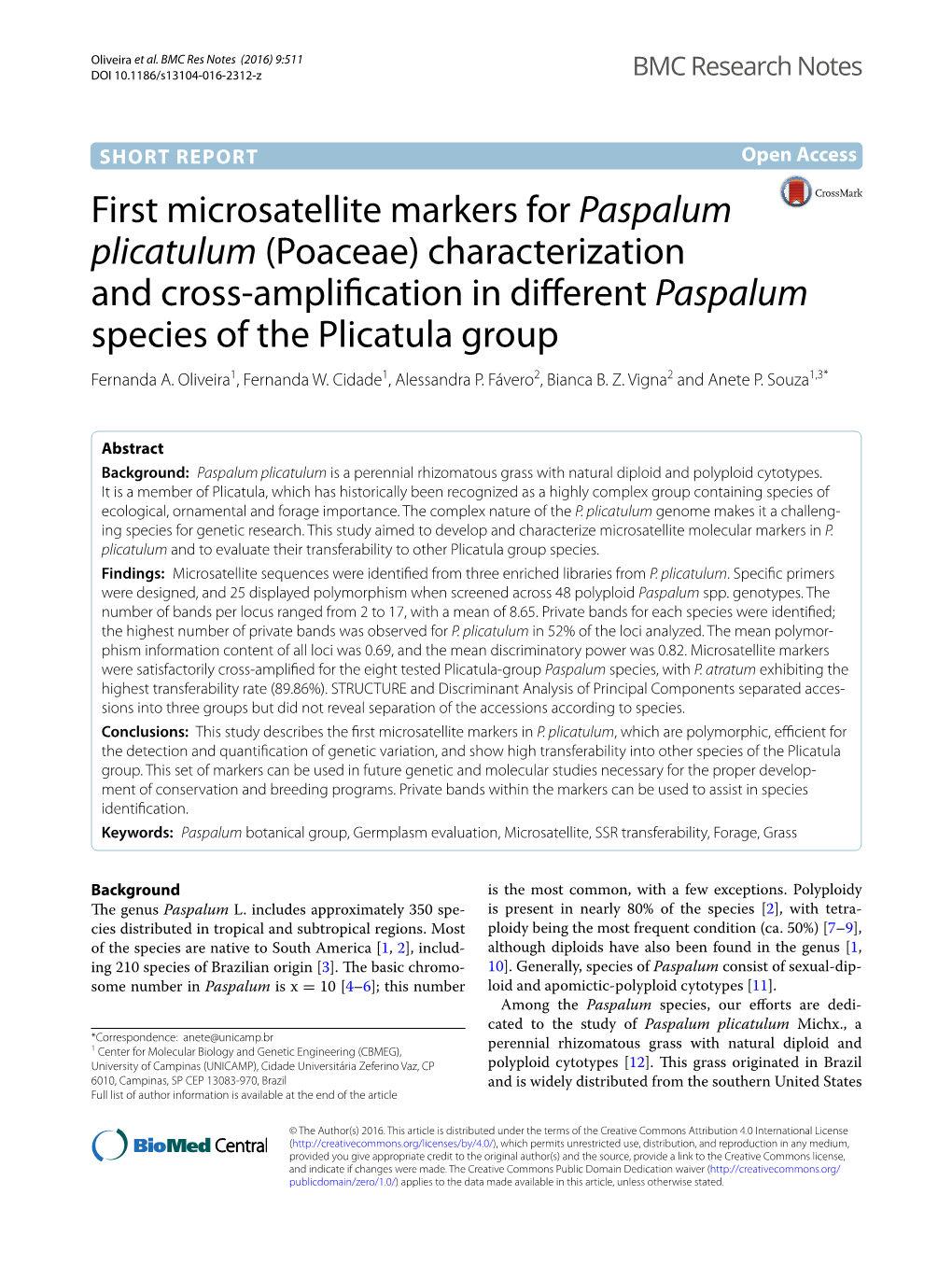 First Microsatellite Markers for Paspalum Plicatulum (Poaceae