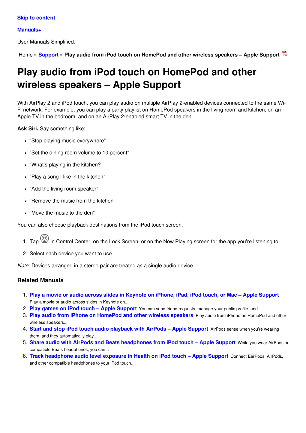 Play Audio from Ipod Touch on Homepod and Other Wireless Speakers – Apple Support
