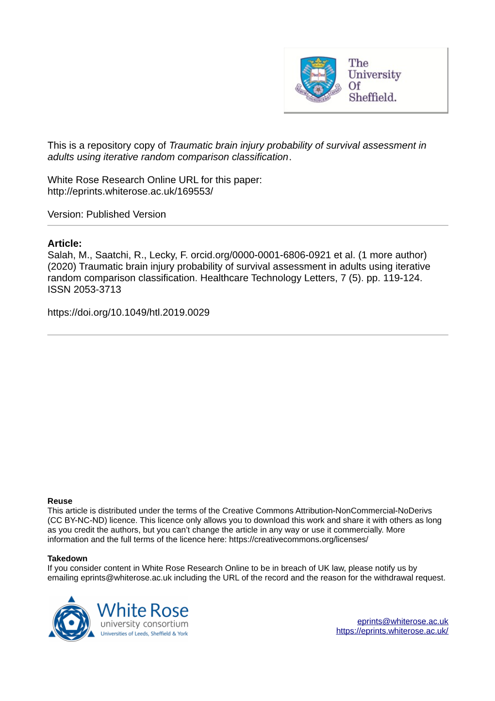 Traumatic Brain Injury Probability of Survival Assessment in Adults Using Iterative Random Comparison Classification