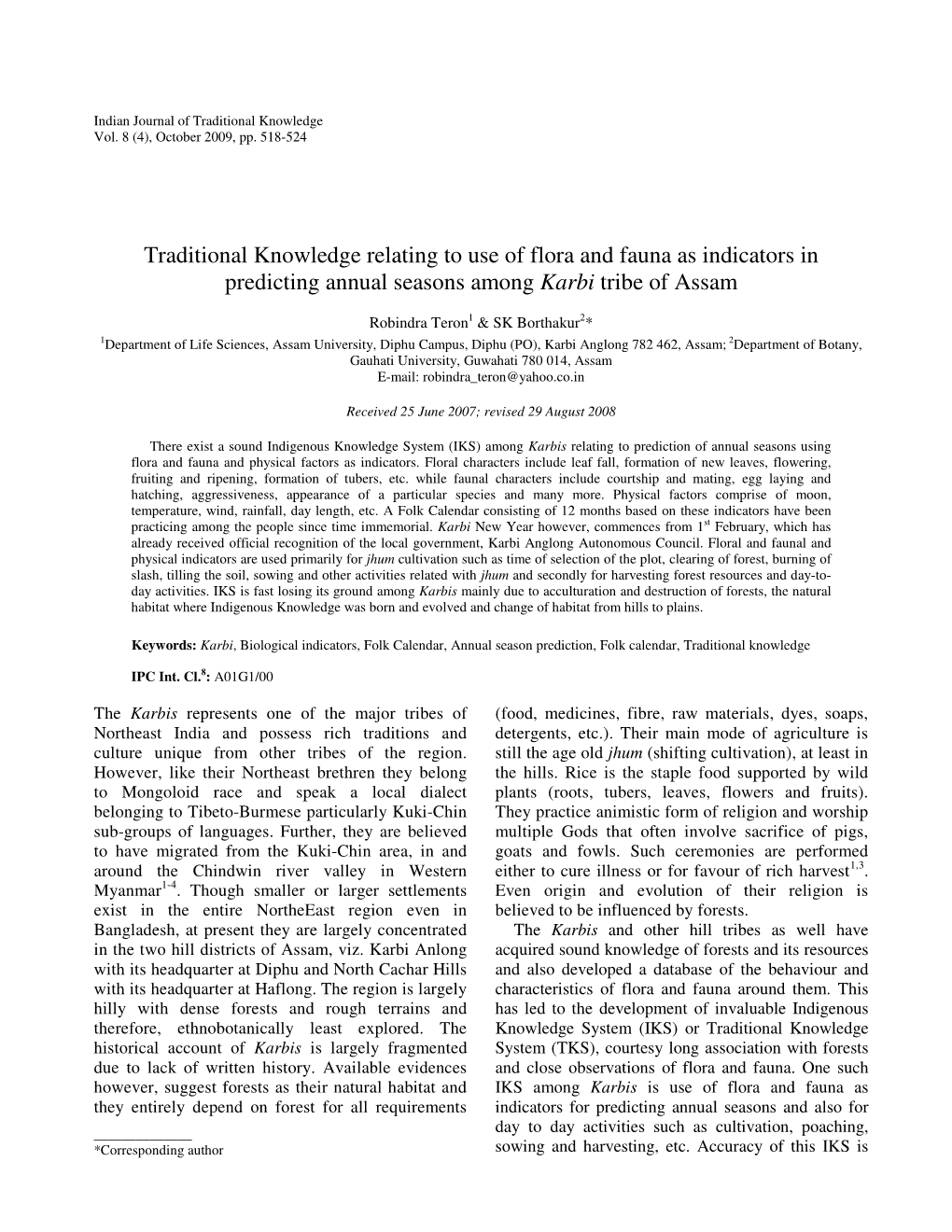 Traditional Knowledge Relating to Use of Flora and Fauna As Indicators in Predicting Annual Seasons Among Karbi Tribe of Assam