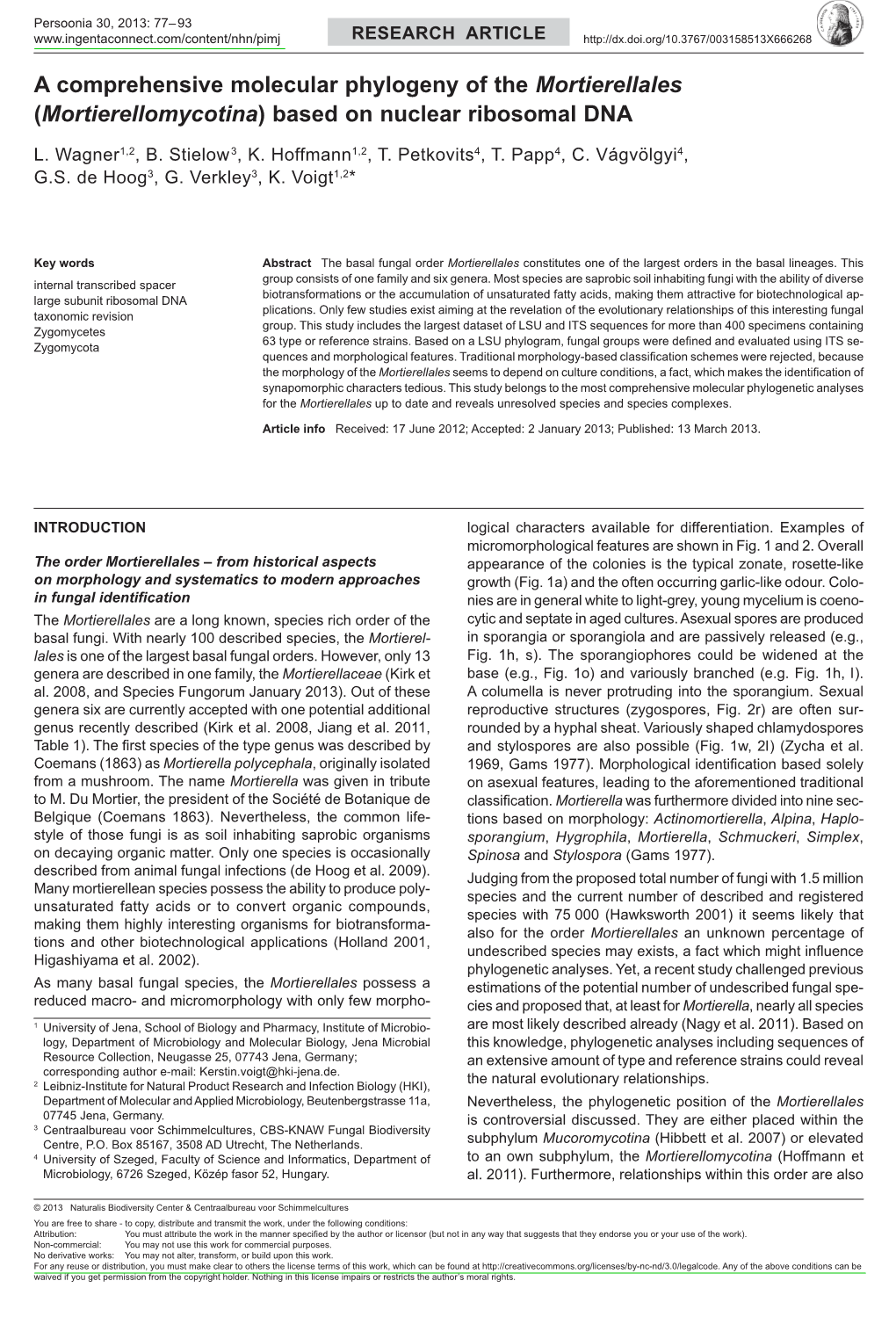 A Comprehensive Molecular Phylogeny of the Mortierellales (Mortierellomycotina) Based on Nuclear Ribosomal DNA