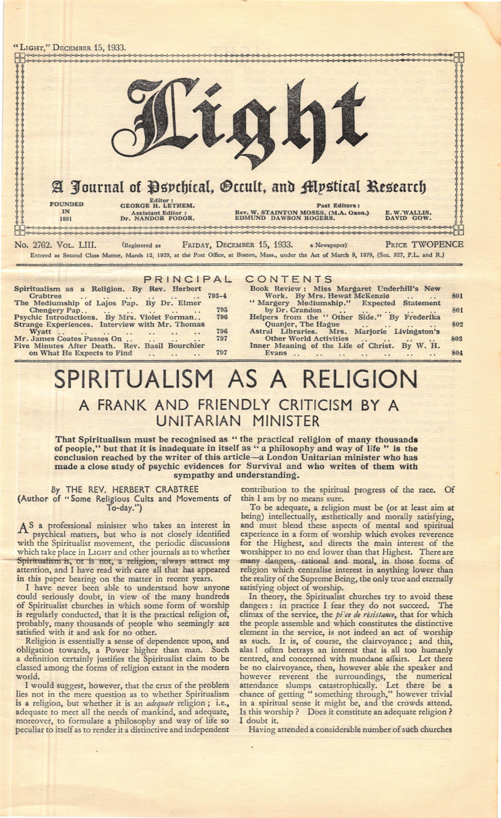 Spiritualism As a Religion