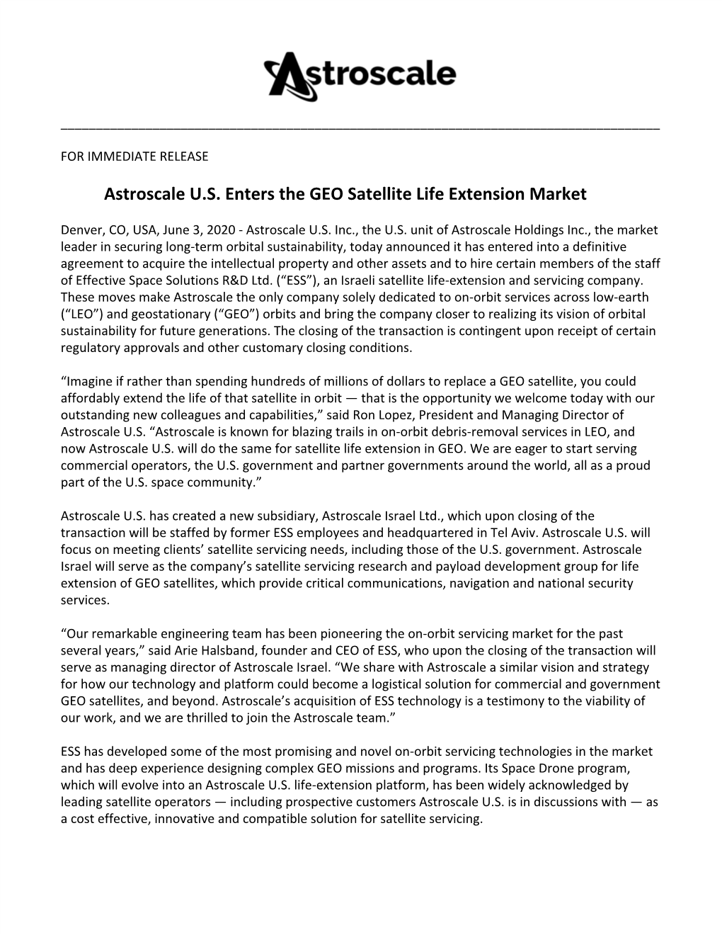 Astroscale U.S. Enters the GEO Satellite Life Extension Market