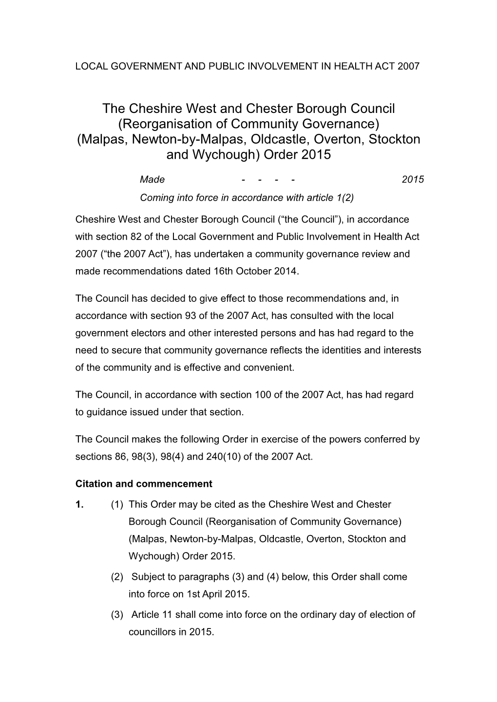 Malpas Newton-By-Malpas Oldcastle Overton Stockton Wychough CWAC Community Governance Order 15 Readable