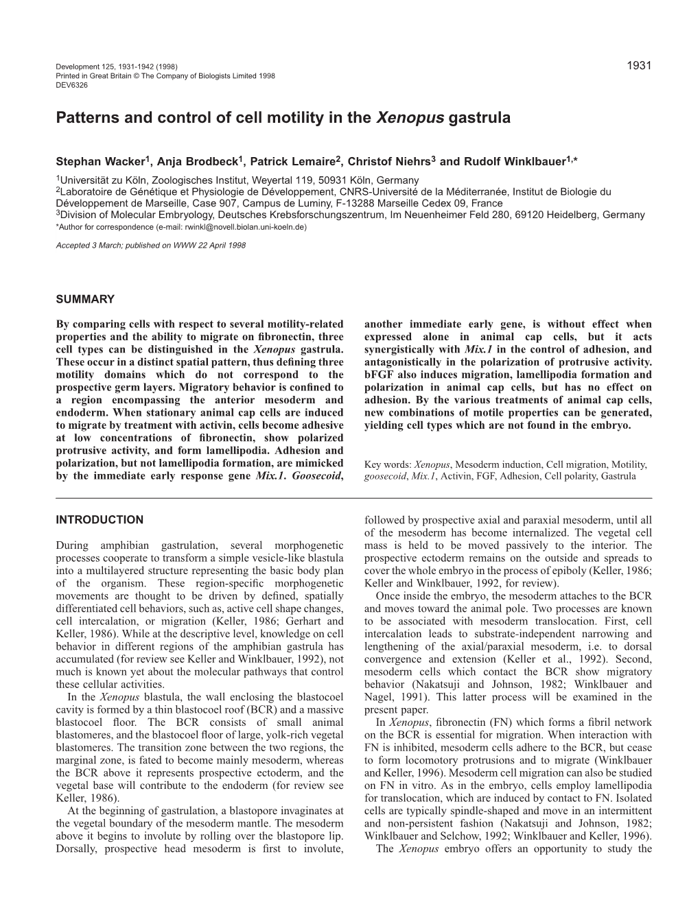 Patterns and Control of Cell Motility in the Xenopus Gastrula