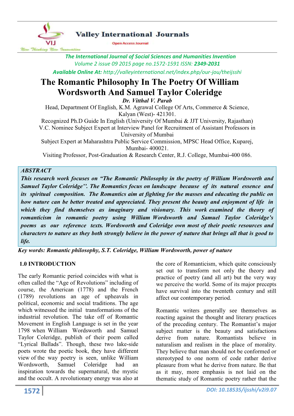 Cite As: the Romantic Philosophy in the Poetry of Williamwordsworth and Samuel Taylor Coleridge