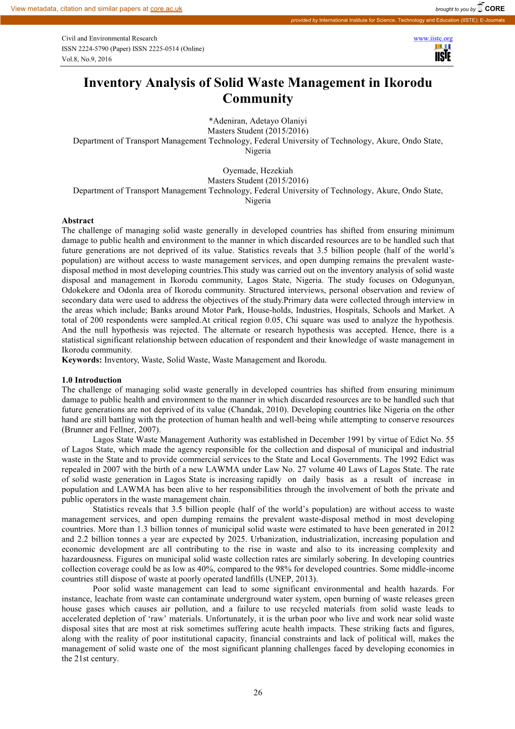 Inventory Analysis of Solid Waste Management in Ikorodu Community