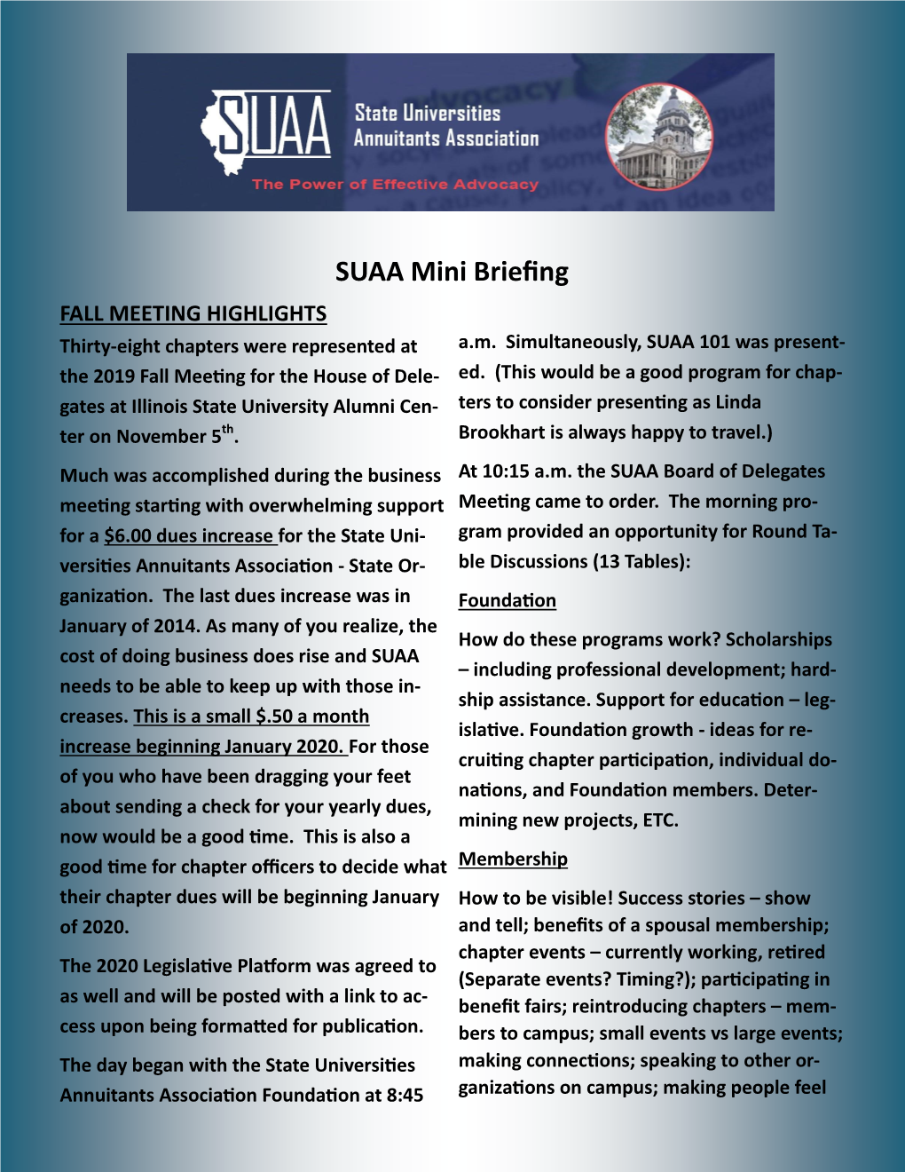 SUAA Mini Briefing FALL MEETING HIGHLIGHTS Thirty-Eight Chapters Were Represented at A.M