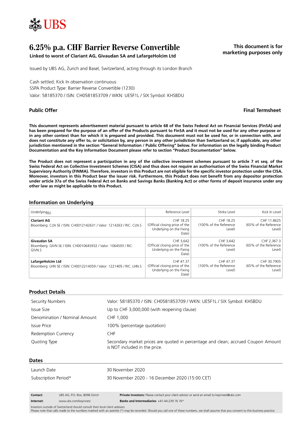 6.25% P.A. CHF Barrier Reverse Convertible This Document Is for Marketing Purposes Only Linked to Worst of Clariant AG, Givaudan SA and Lafargeholcim Ltd