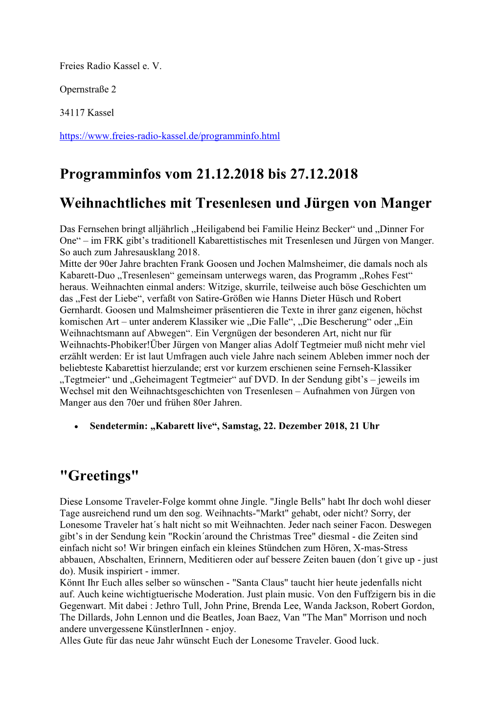 Programminfos Vom 21.12.2018 Bis 27.12.2018 Weihnachtliches Mit Tresenlesen Und Jürgen Von Manger