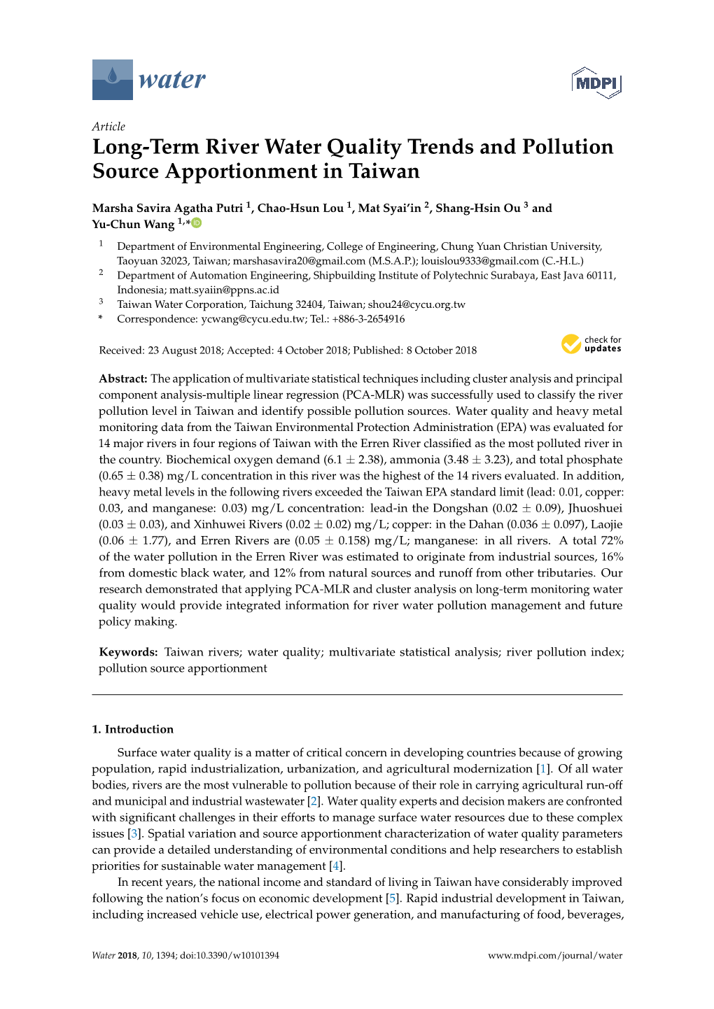Long-Term River Water Quality Trends and Pollution Source Apportionment in Taiwan
