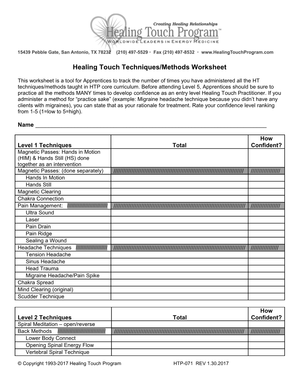 Healing Touch Techniques/Methods Worksheet