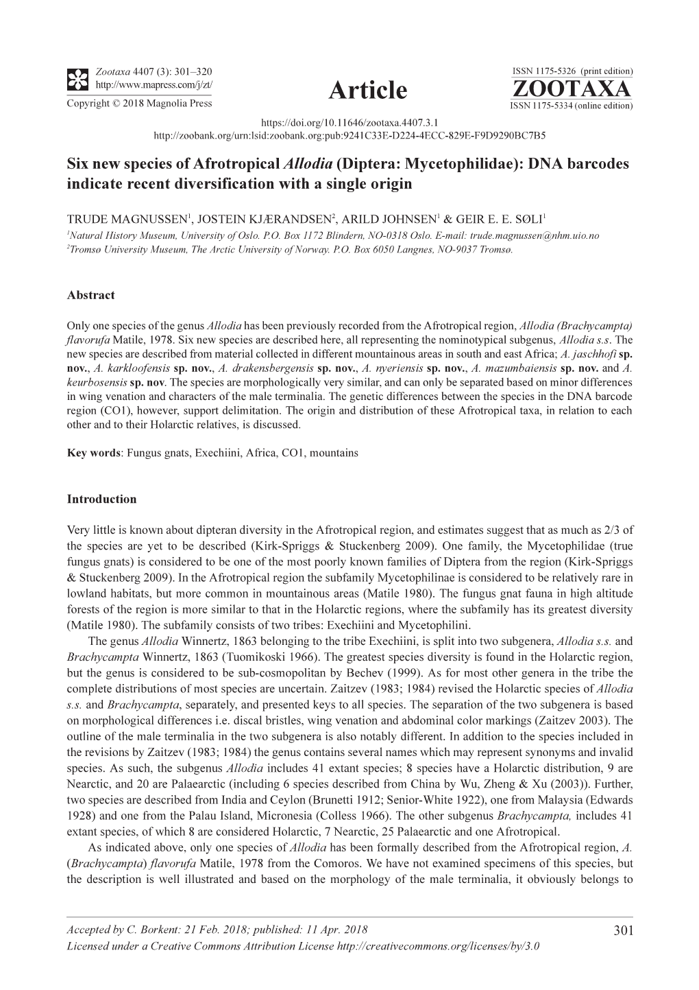 Six New Species of Afrotropical Allodia (Diptera: Mycetophilidae): DNA Barcodes Indicate Recent Diversification with a Single Origin