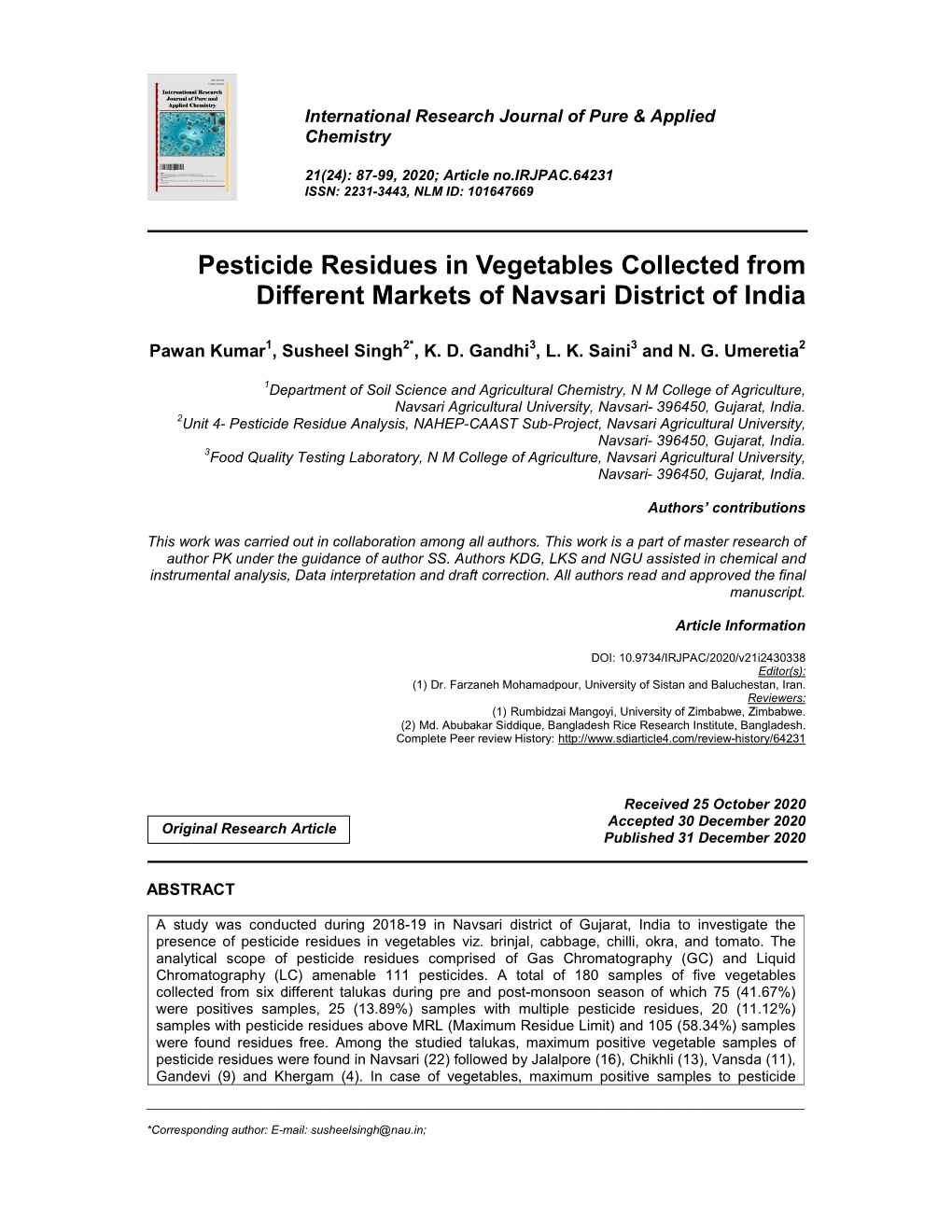 Pesticide Residues in Vegetables Collected from Different Markets of Navsari District of India