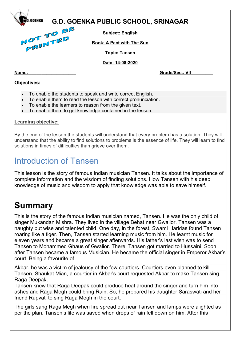 Introduction of Tansen Summary