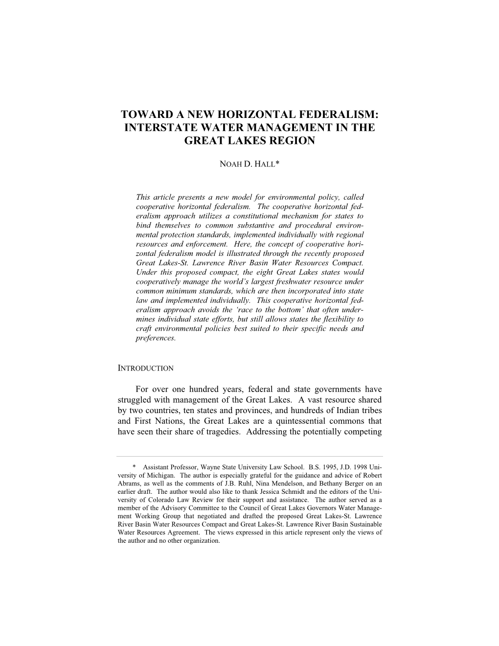 Toward a New Horizontal Federalism: Interstate Water Management in the Great Lakes Region