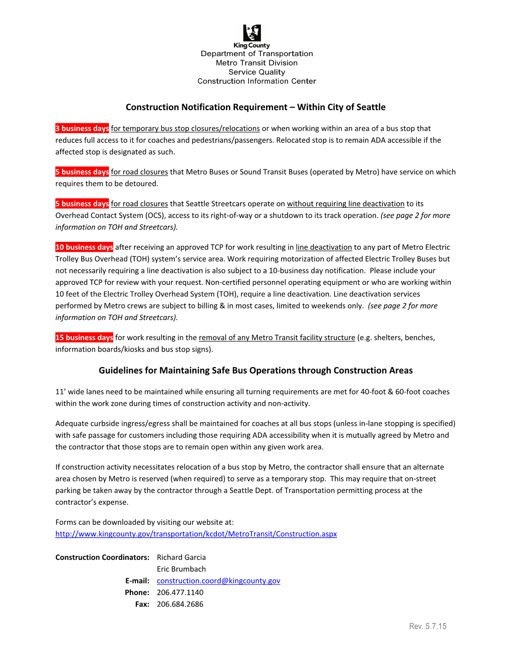 Construction Notification Requirement – Within City of Seattle