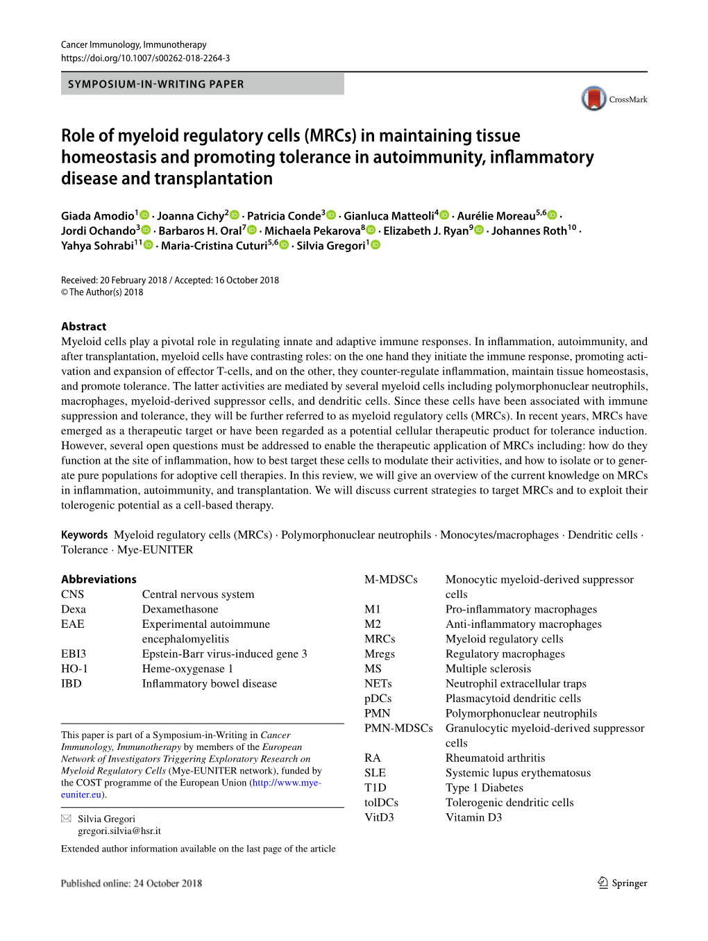 Role of Myeloid Regulatory Cells (Mrcs) in Maintaining Tissue Homeostasis and Promoting Tolerance in Autoimmunity, Inflammatory Disease and Transplantation