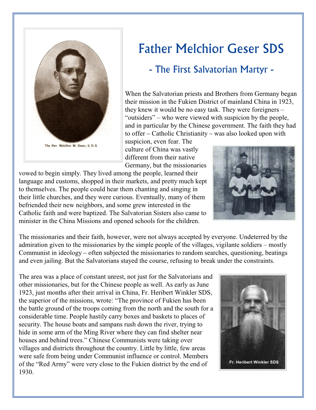 Fr. Melchior Geser SDS Was One of the Earliest of the Salvatorian Missionaries to Go to China