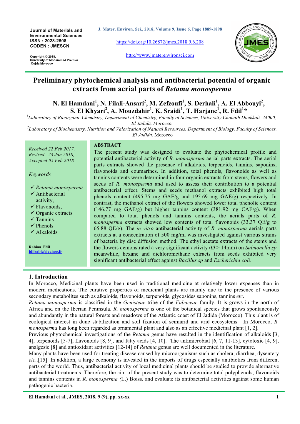 Preliminary Phytochemical Analysis and Antibacterial Potential of Organic Extracts from Aerial Parts of Retama Monosperma