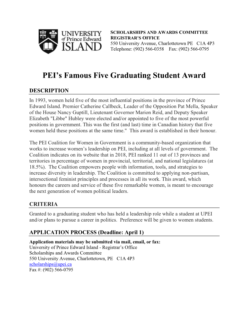 PEI's Famous Five Graduating Student Award