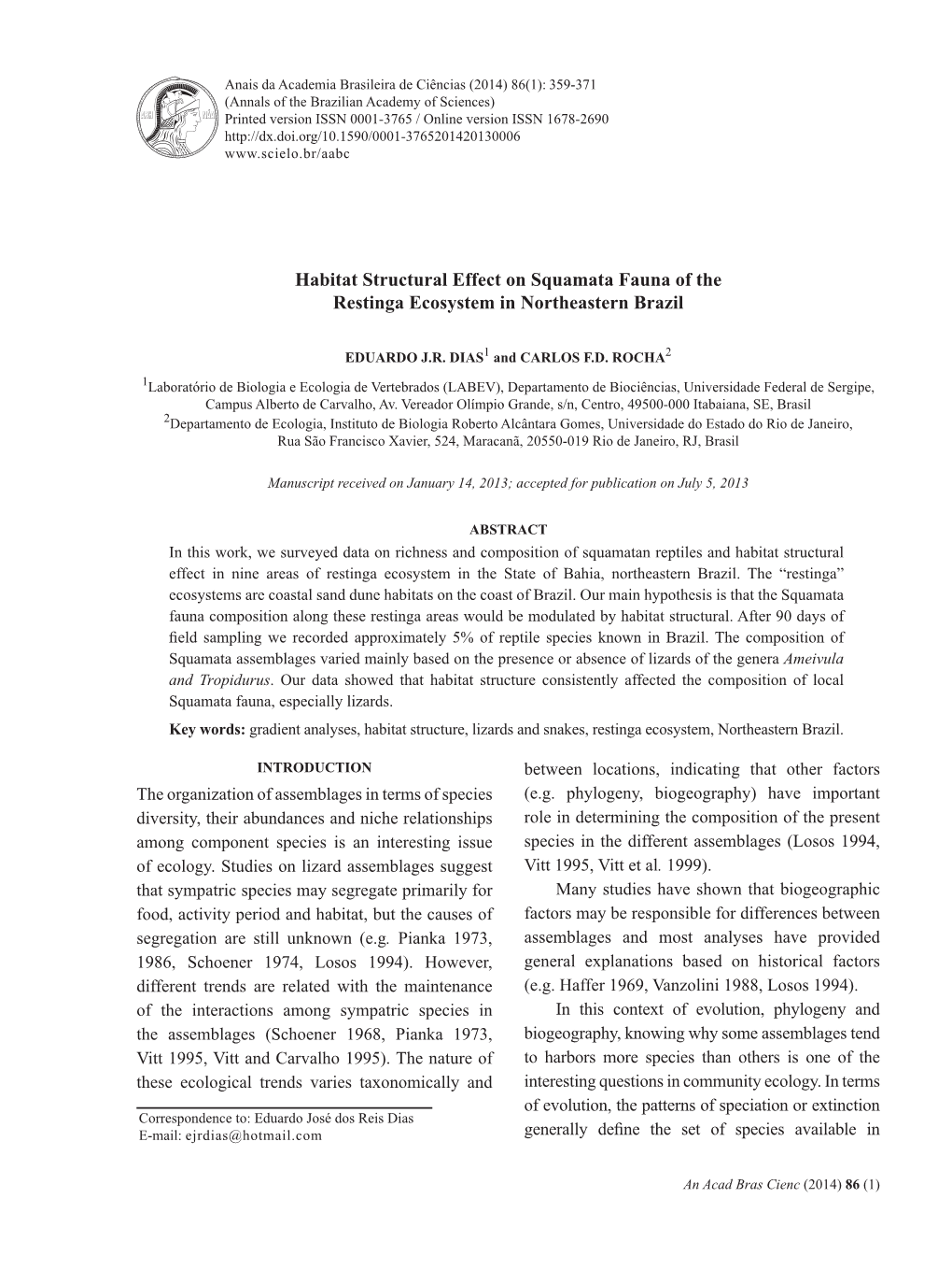 Habitat Structural Effect on Squamata Fauna of the Restinga Ecosystem in Northeastern Brazil