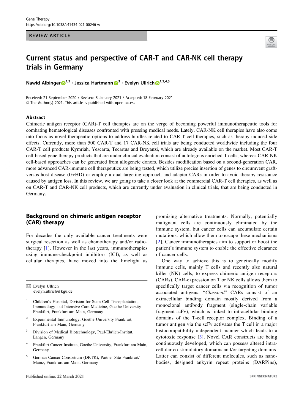 Current Status and Perspective of CAR-T and CAR-NK Cell Therapy Trials in Germany
