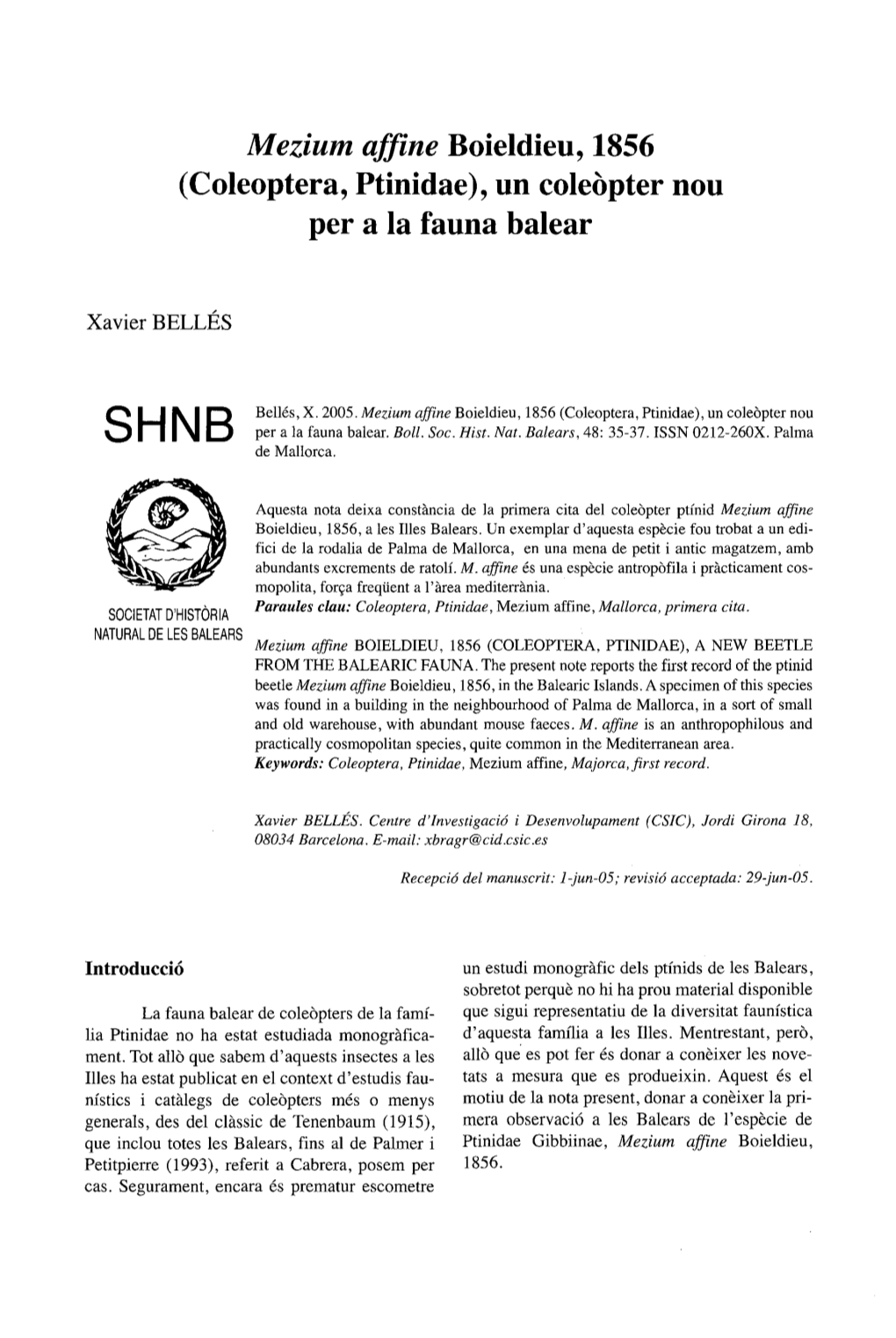 M Ezium Affine Boieldieu, 1856 (Coleoptera, Ptinidae), Un Coleopter Nou Per a La Fauna Balear