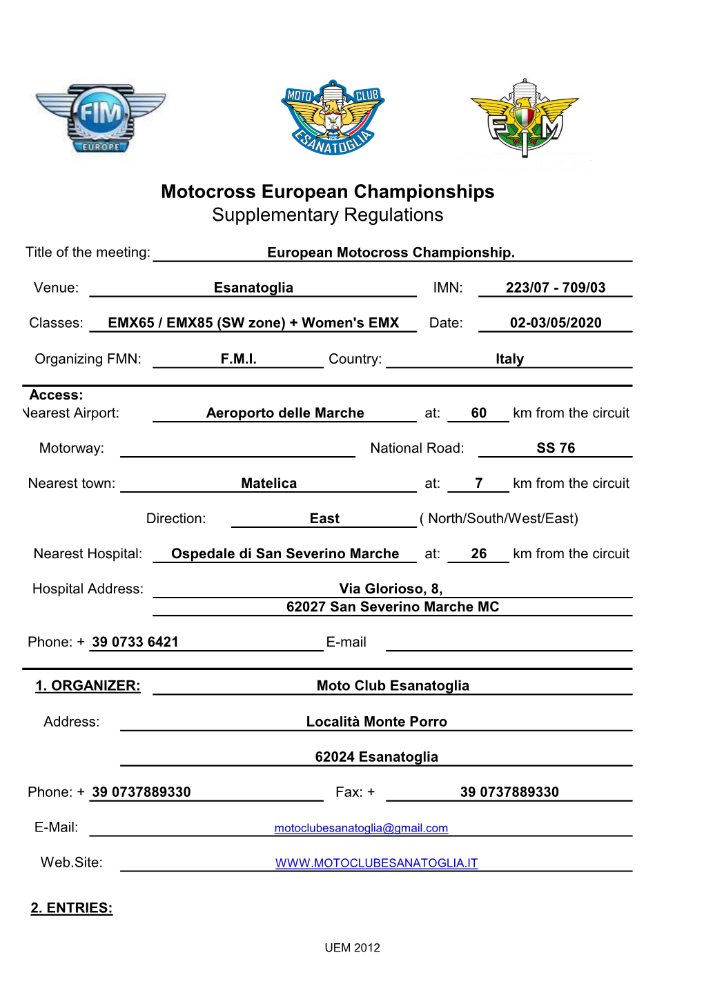 Motocross European Championships Supplementary Regulations