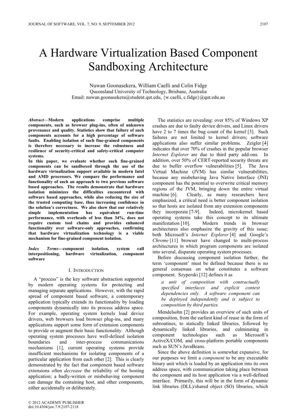 A Hardware Virtualization Based Component Sandboxing Architecture