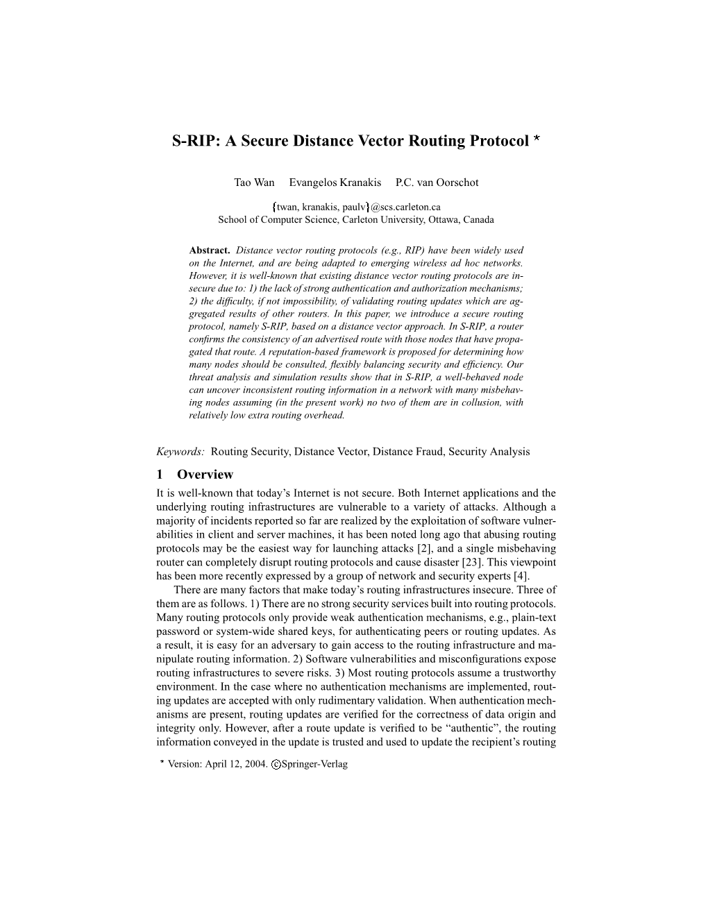 S-RIP: a Secure Distance Vector Routing Protocol