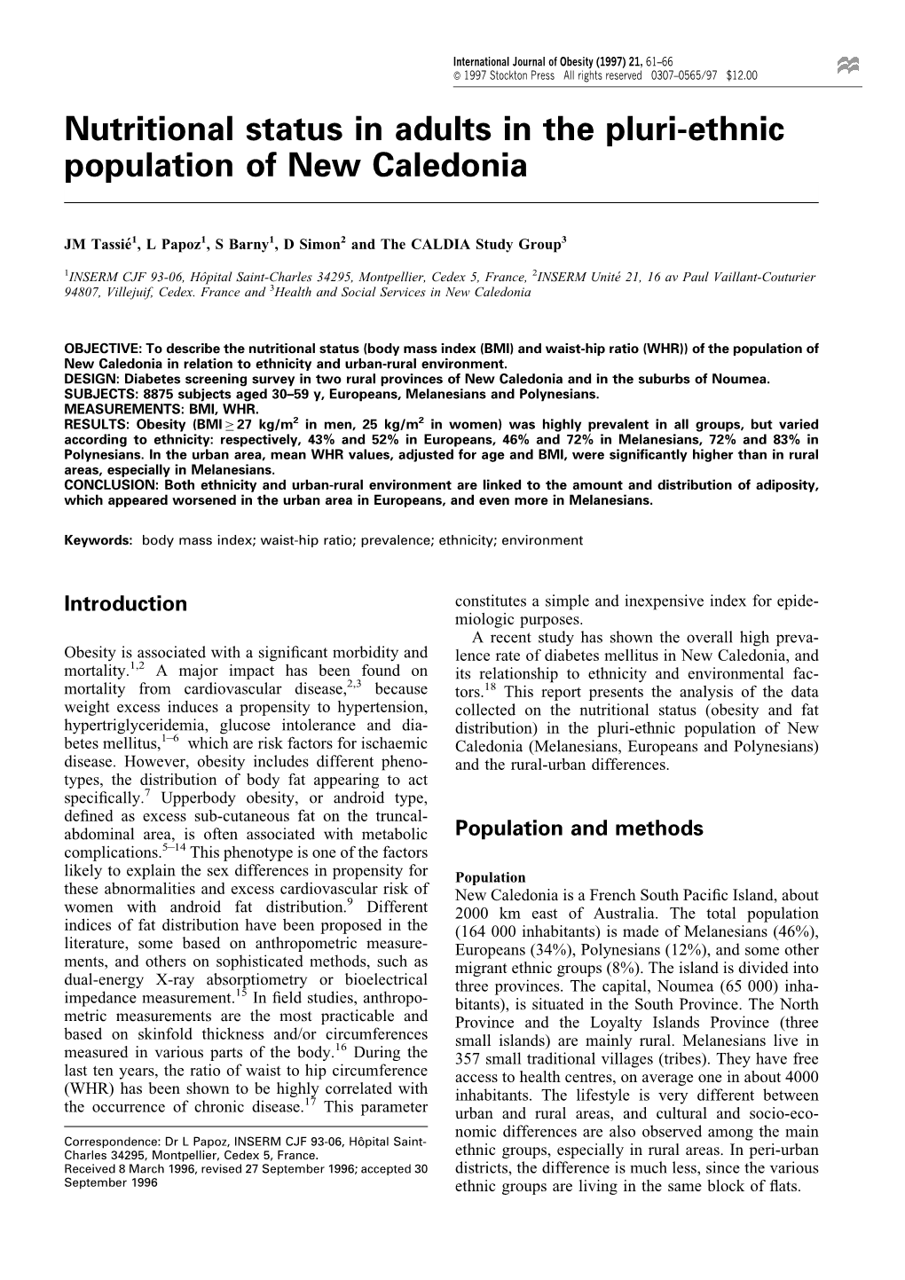 Nutritional Status in Adults in the Pluri-Ethnic Population of New Caledonia