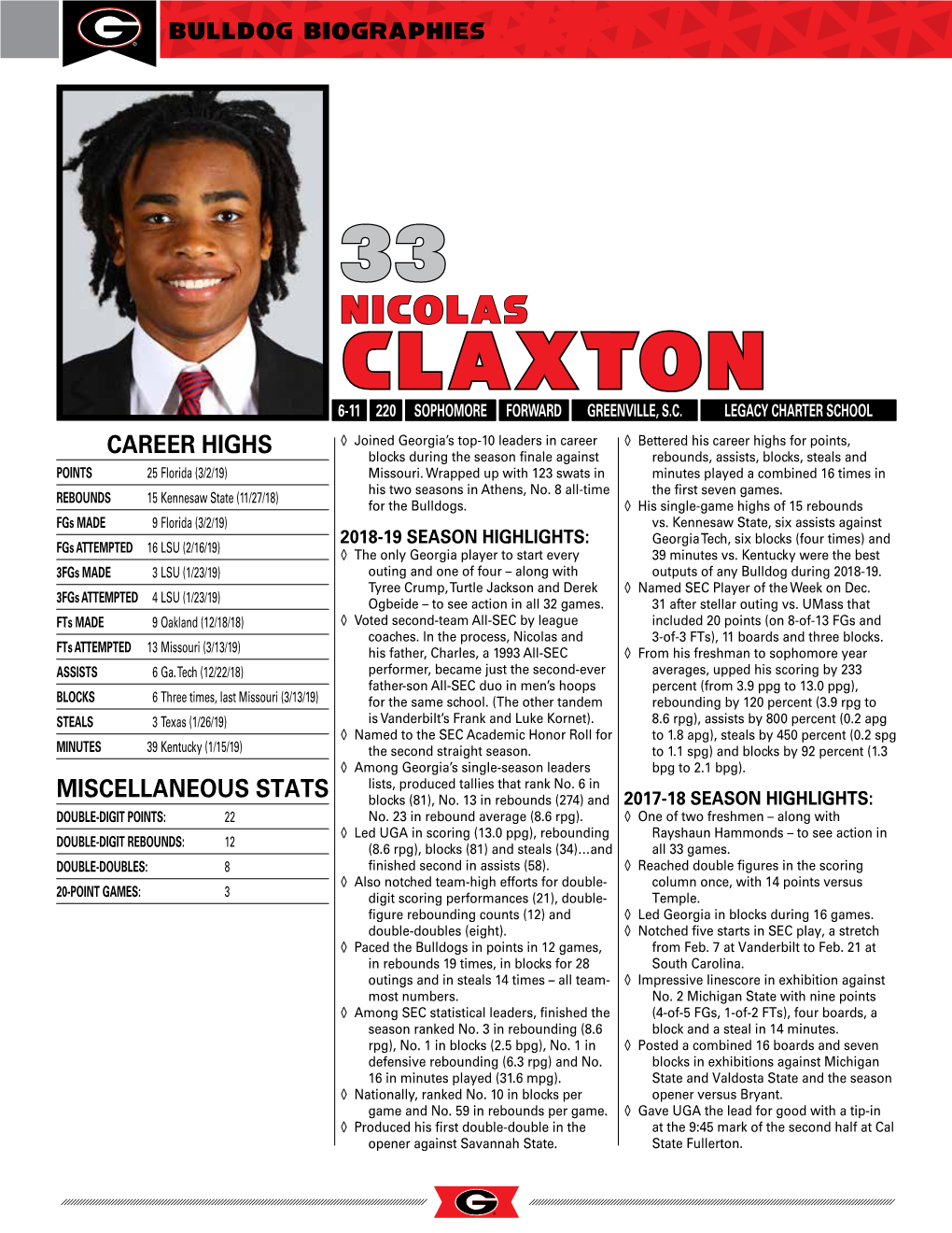 Claxton 6-11 220 Sophomore Forward Greenville, S.C