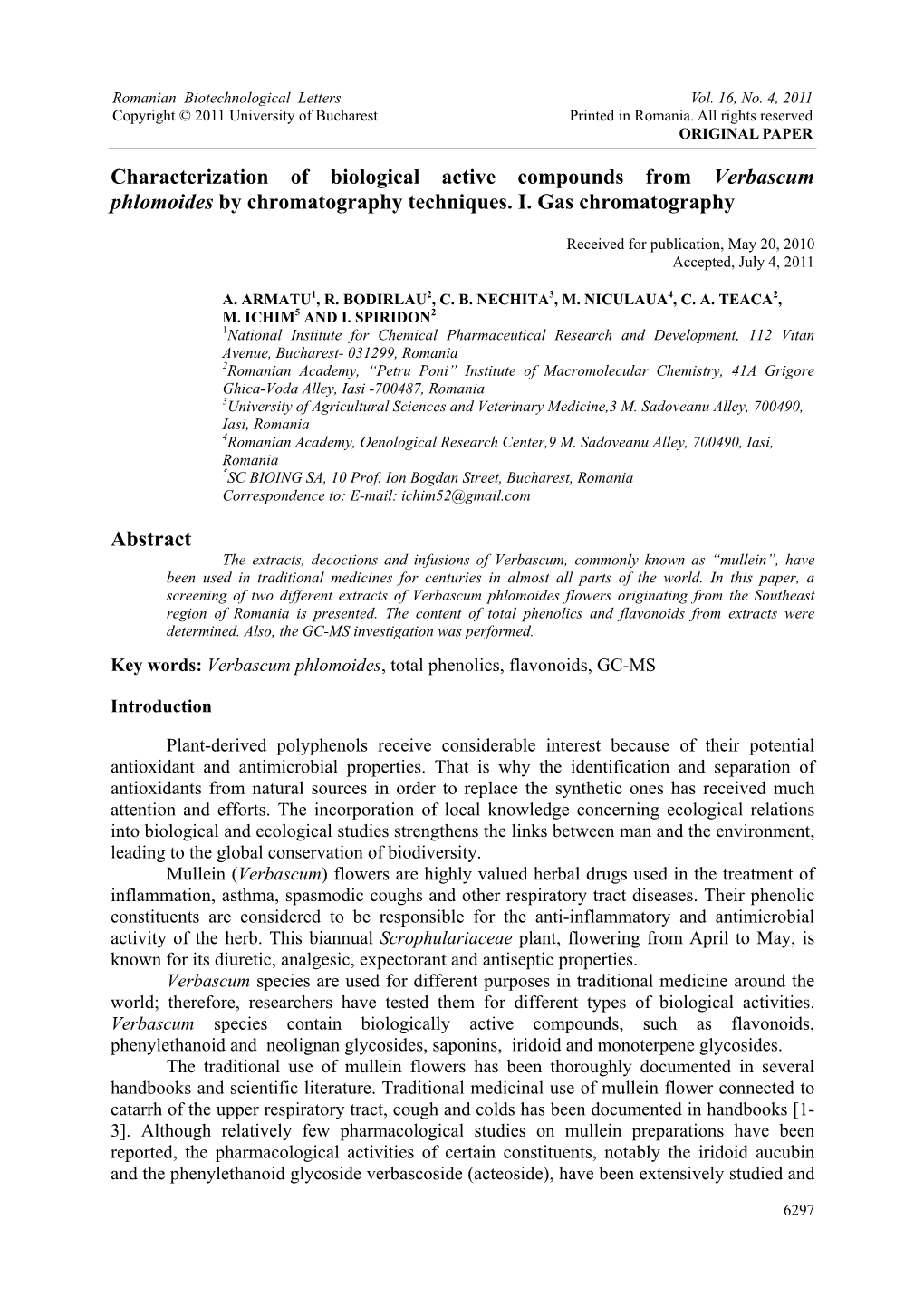 Characterization of Biological Active Compounds from Verbascum Phlomoides by Chromatography Techniques. I. Gas Chromatography Ab