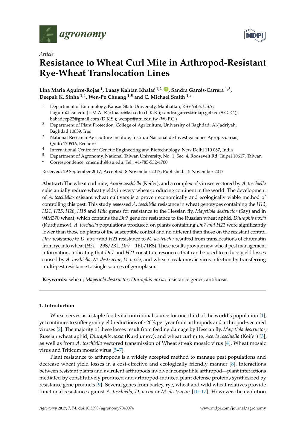 Resistance to Wheat Curl Mite in Arthropod-Resistant Rye-Wheat Translocation Lines